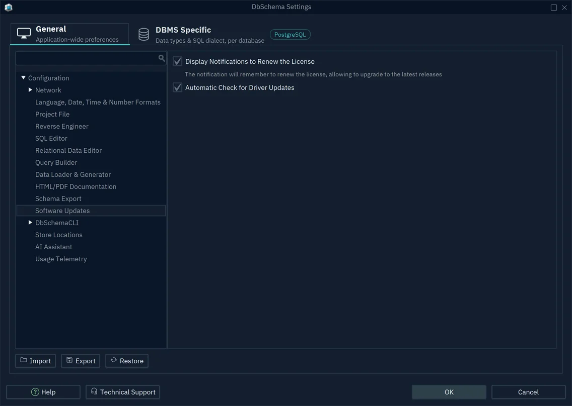 The DbSchema Settings dialog, with its sections listed on the left