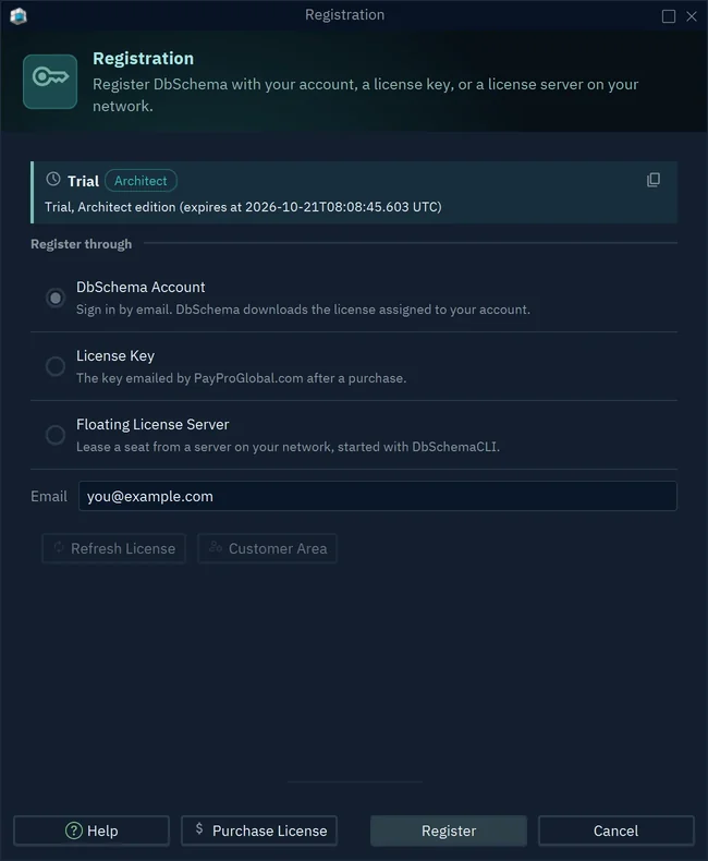 The Registration dialog with the three ways to register: DbSchema Account, License Key and Floating License Server