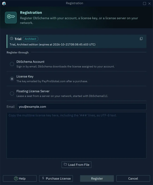 The Registration dialog with License Key chosen: the Email field, the empty box for the key, and Load From File
