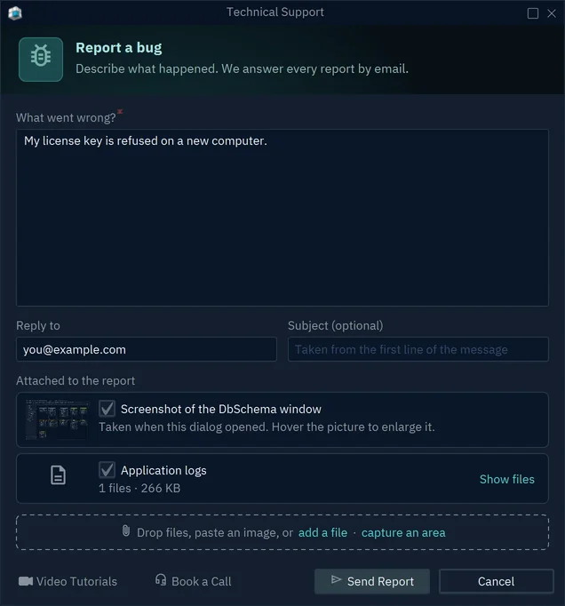 The Technical Support dialog with a message about a license key, the reply email, and the screenshot and logs attached