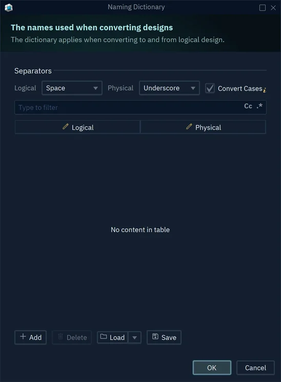 The Naming Dictionary with the separators Space and Underscore and Convert Cases ticked