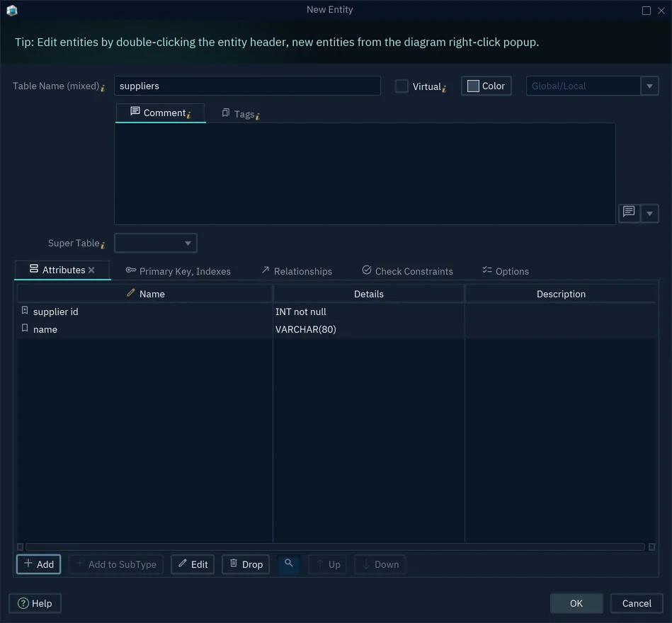 The New Entity dialog for suppliers with the attributes supplier id, INT not null, and name, VARCHAR(80)