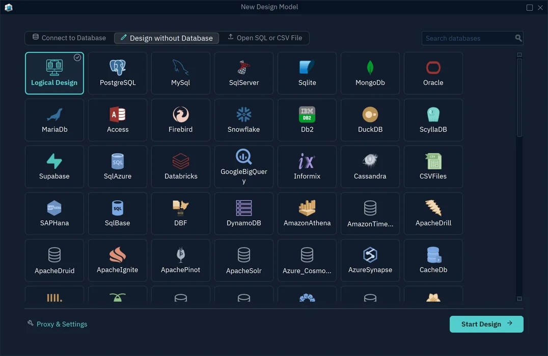 The New Design Model dialog on Design without Database, with the Logical Design tile selected