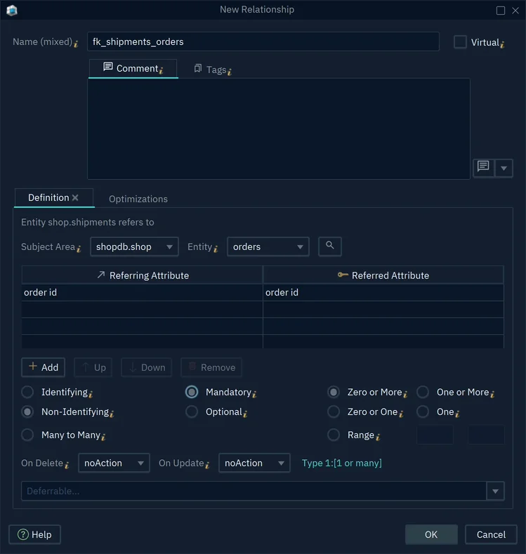 The New Relationship dialog: Entity shop.shipments refers to orders through order id, Non-Identifying, Mandatory and Zero or More