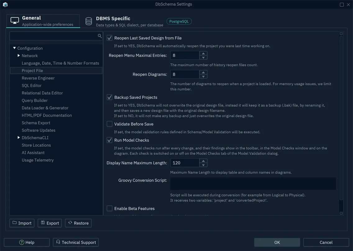 DbSchema Settings, the Project File page with Validate Before Save and Run Model Checks