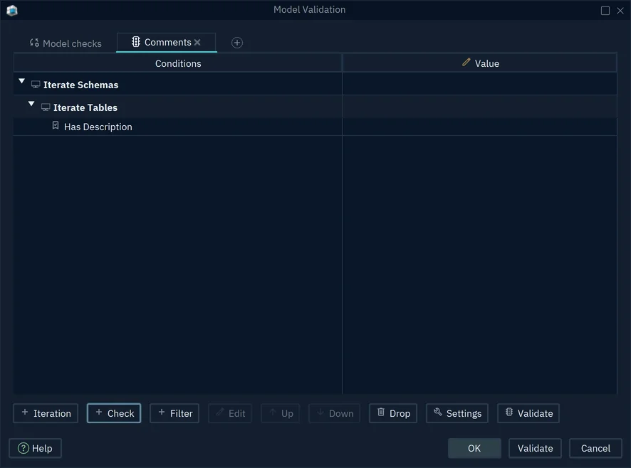 The rule Comments: Iterate Schemas, Iterate Tables and the check Has Description