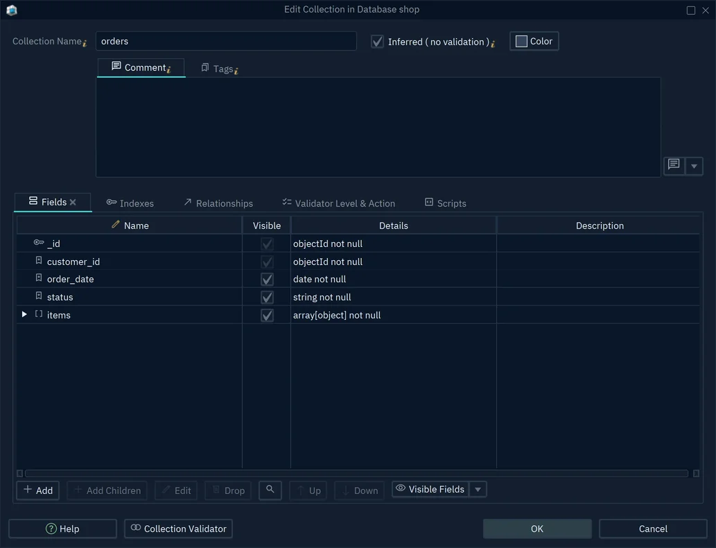 The Edit Collection dialog for orders, with Inferred ( no validation ) ticked and the Fields tab: _id, customer_id, order_date, status and the array items