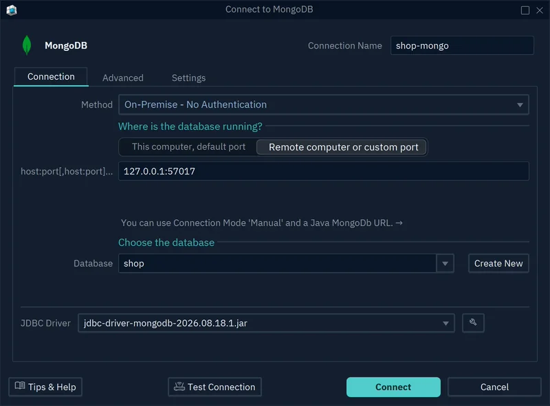 The Connect to MongoDB dialog with the method On-Premise - No Authentication, the host 127.0.0.1:57017 and the database shop