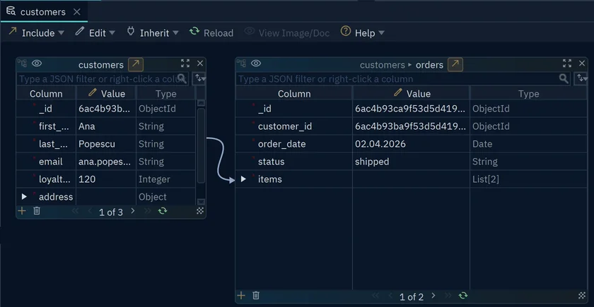 The Data Explorer with a customer document on the left and, joined by a line, the first of her two orders on the right