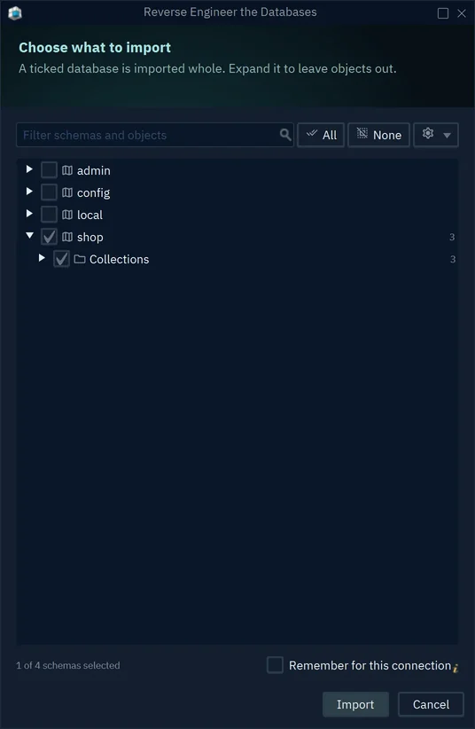 The Reverse Engineer the Databases dialog with the database shop and its Collections ticked