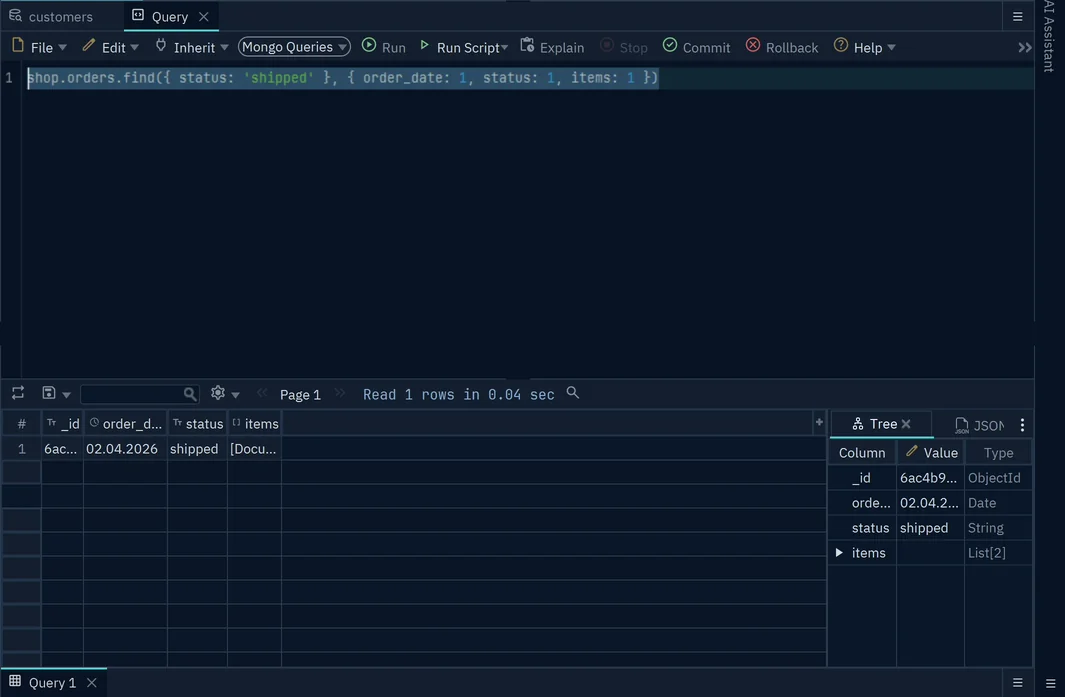 The Query Editor with a find query on shop.orders, one shipped order in the result, and the order as a tree on the right