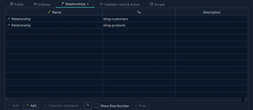 The Relationships tab of orders, with two relationships, to shop.customers and to shop.products