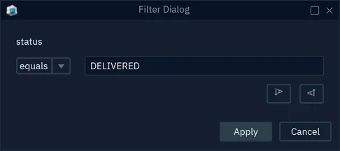 The Filter Dialog for the column status, with equals and the value DELIVERED
