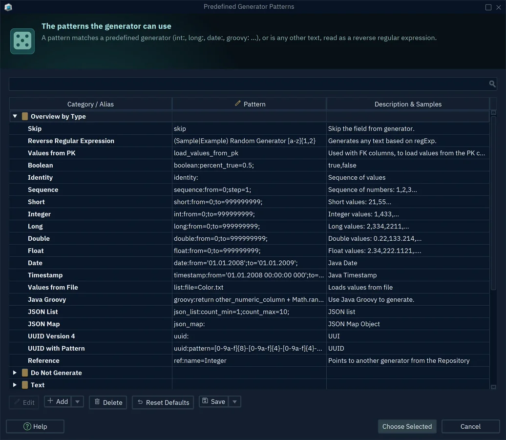 The Predefined Generator Patterns dialog with the Overview by Type group open