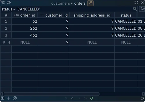 A new row in the orders table, with customer_id already set to 7 and the other columns NULL, and the save, add and cancel buttons at the bottom