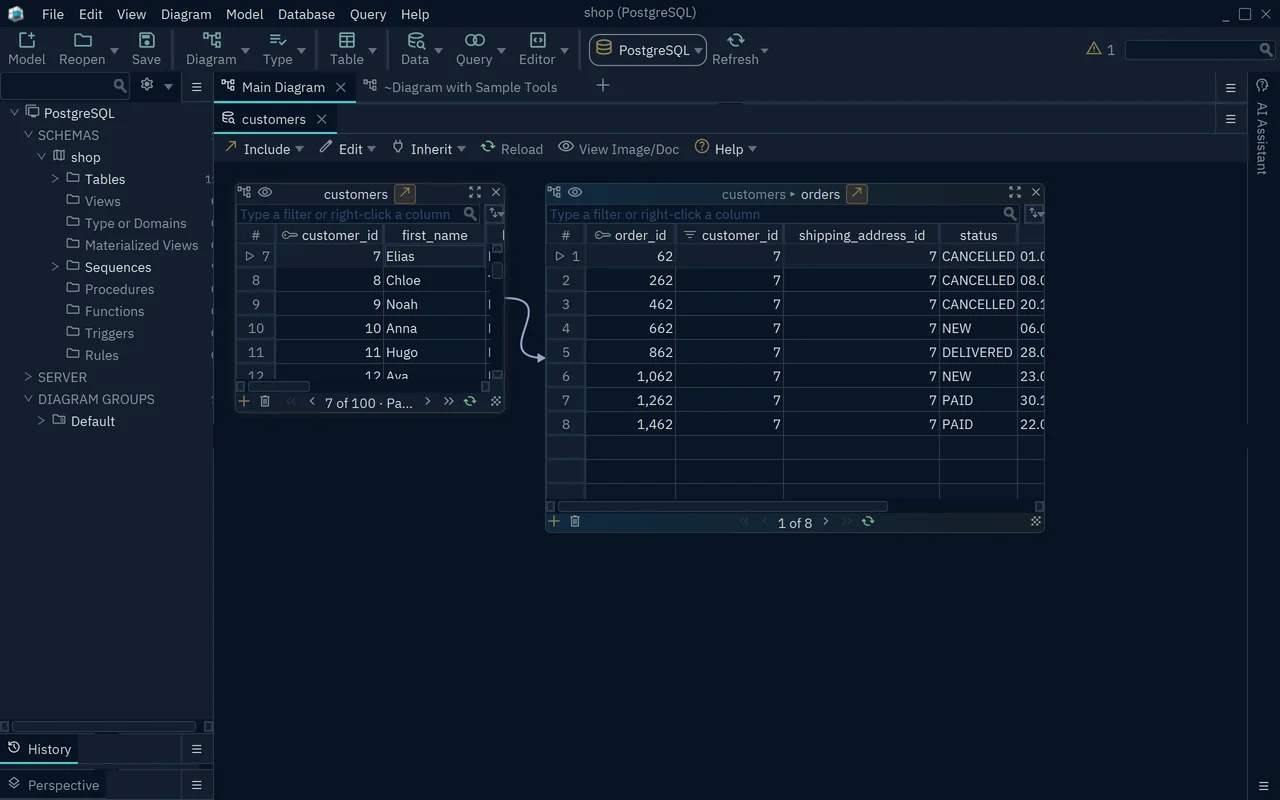 The Data Explorer with customers on the left and the orders of the selected customer on the right, linked by an arrow