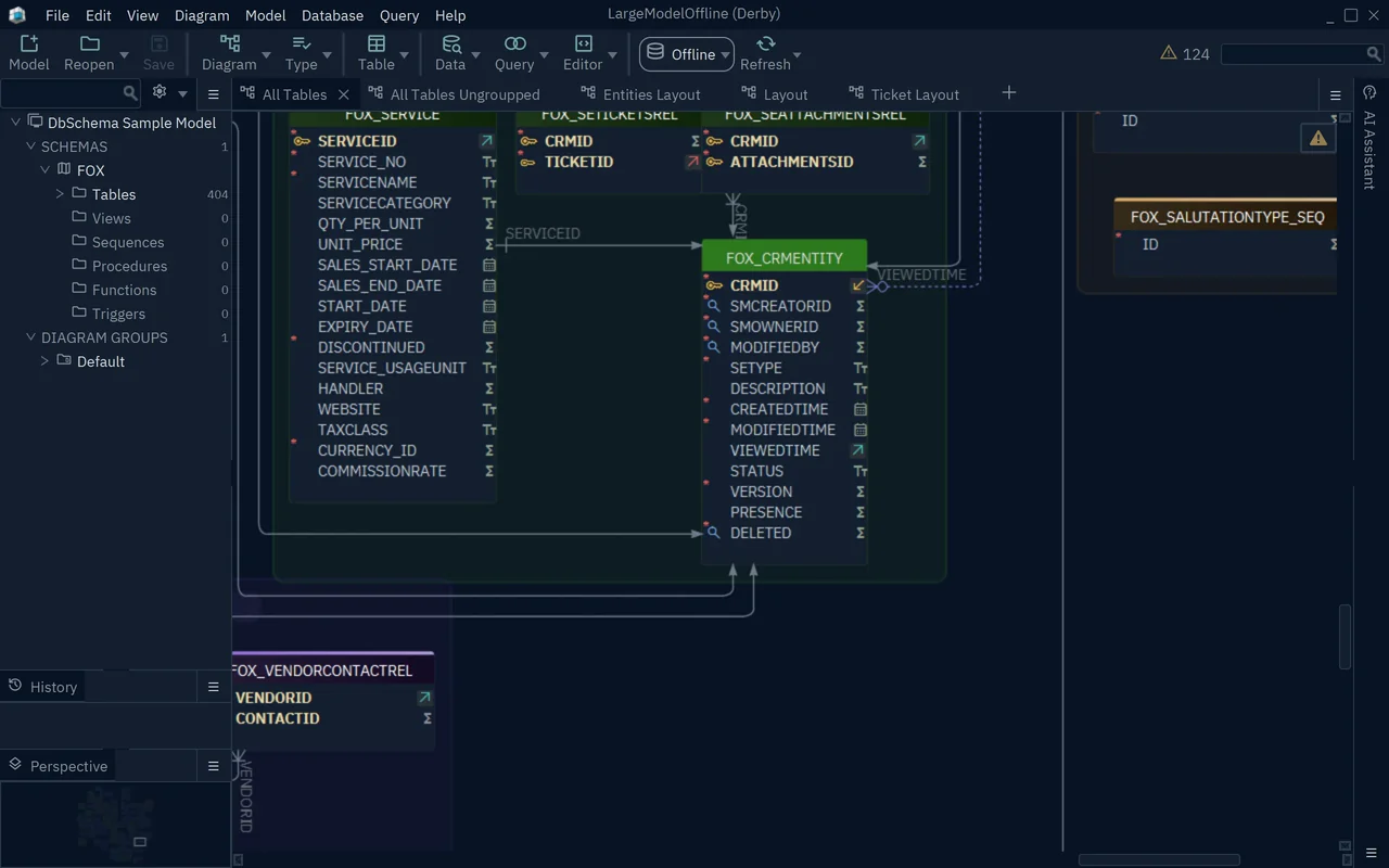 The LargeModelOffline project with the diagram tabs All Tables, All Tables Ungrouped, Entities Layout, Layout and Ticket Layout