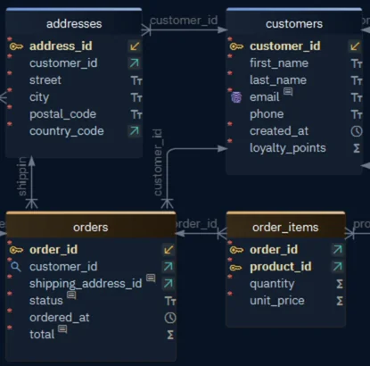 The tables addresses, customers, orders and order_items on the diagram, with key, fingerprint, magnifier, foreign key and comment icons