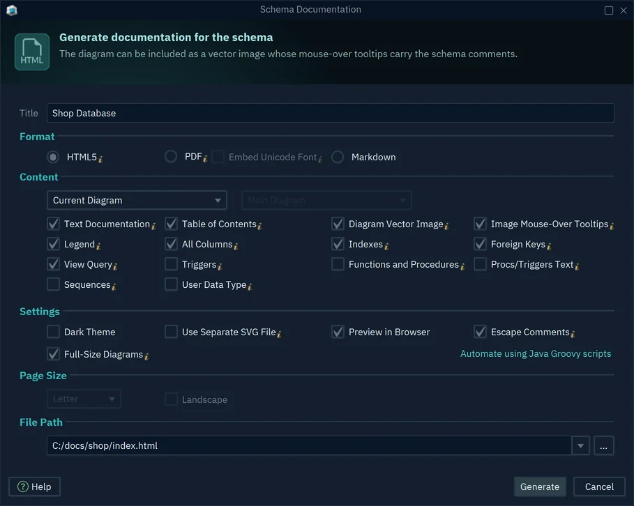 The Schema Documentation dialog with the title Shop Database, the format HTML5 and the content options