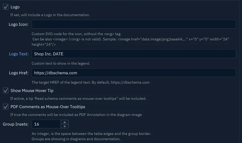The HTML/PDF Documentation settings with Logo, Logo Icon, Logo Text set to Shop Inc. DATE, Logo Href and Show Mouse Hover Tip