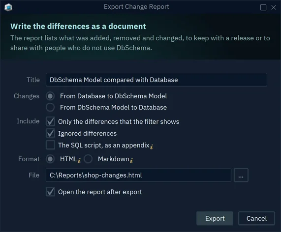 The Export Change Report dialog with the title, the direction From Database to DbSchema Model, and HTML selected