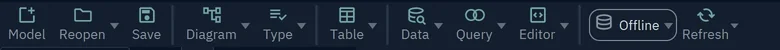 The DbSchema toolbar with the connection button reading Offline, next to the Refresh button