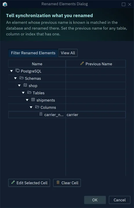 The Renamed Elements Dialog: the column carrier_name in shipments with the previous name carrier
