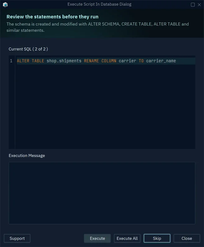 The Execute Script In Database Dialog showing statement 2 of 2: ALTER TABLE shop.shipments RENAME COLUMN carrier TO carrier_name