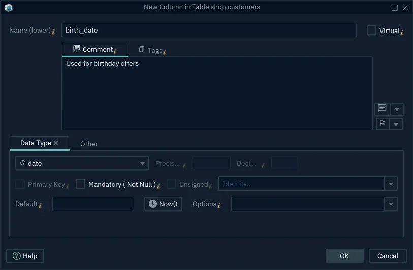 The column dialog for the new column birth_date of the customers table, of type date, with a comment
