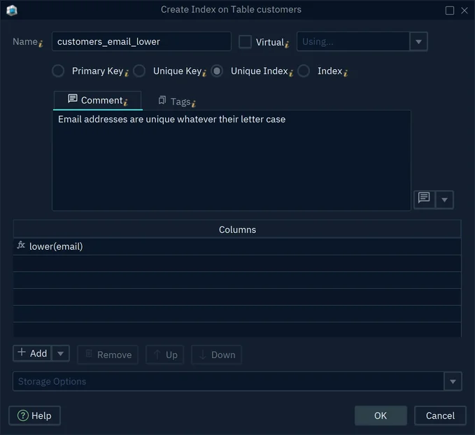 The index dialog with the unique index customers_email_lower on the expression lower(email)