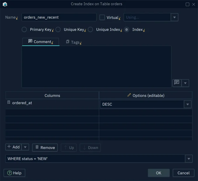 The Create Index dialog for orders_new_recent on orders, with ordered_at sorted DESC and the condition WHERE status = 'NEW'