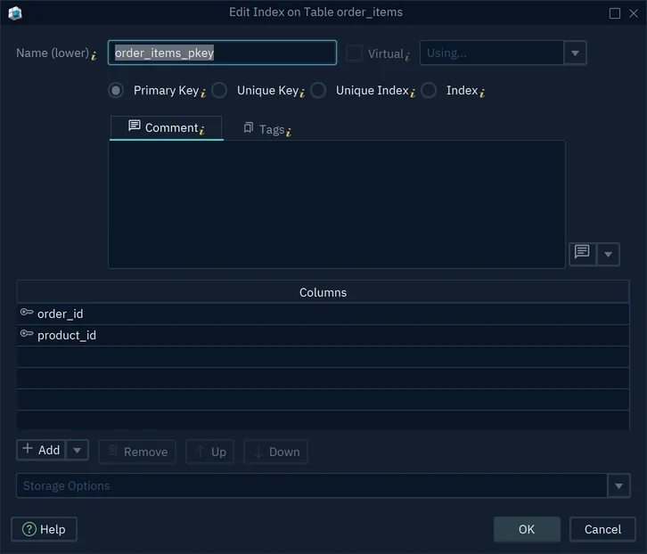 The Edit Index dialog of order_items_pkey, a primary key over the columns order_id and product_id