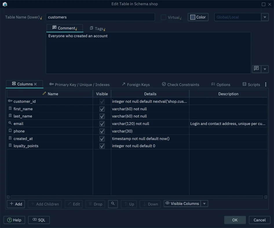 The Edit Table dialog for customers, with the Columns tab open