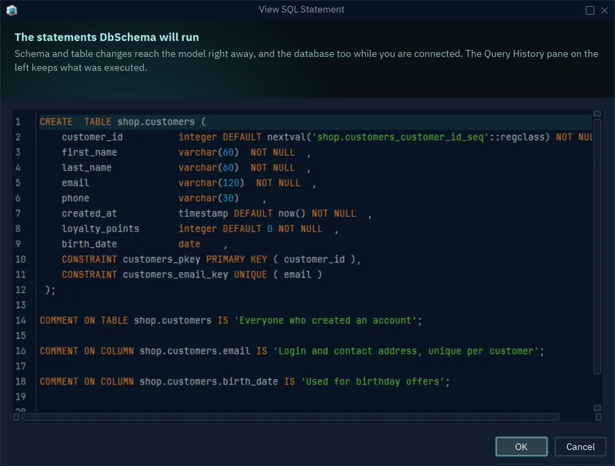 The View SQL Statement window with the CREATE TABLE statement of customers, including the new column birth_date