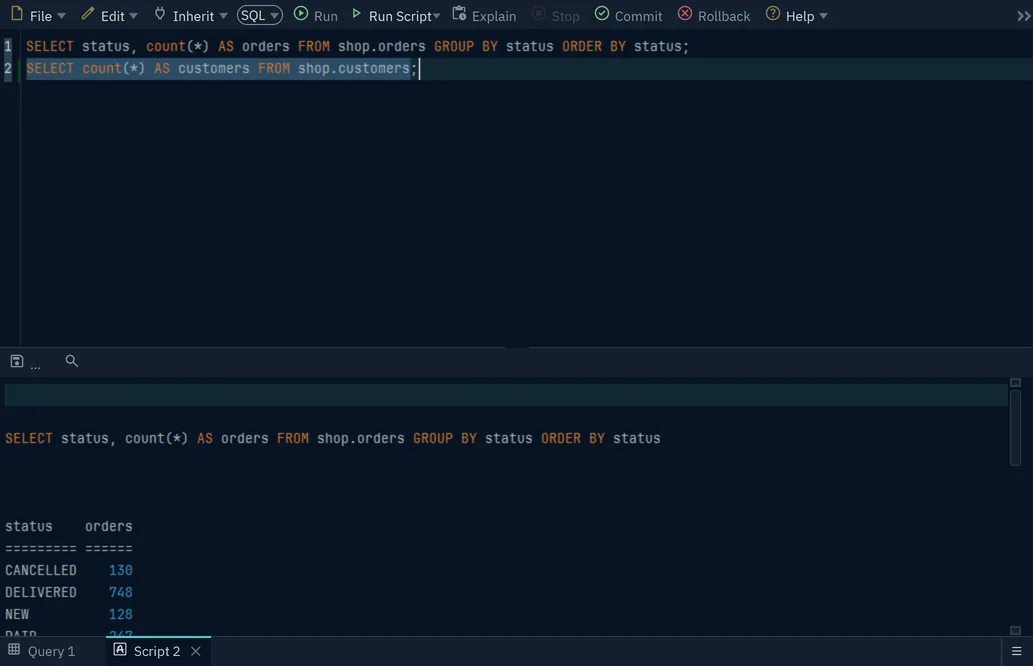 Two SELECT statements run as a script, with the text result of the first one under the editor