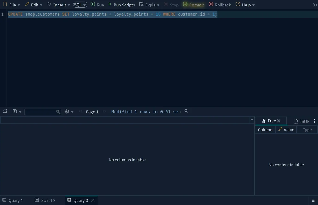 An UPDATE of one customer after Run: the result says Modified 1 rows and the Commit button is lit