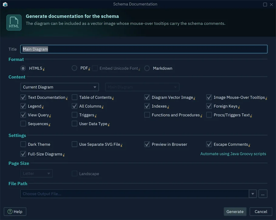 The Schema Documentation dialog with HTML5 selected and Diagram Vector Image and Image Mouse-Over Tooltips ticked
