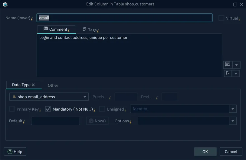 The column dialog of customers.email with the data type shop.email_address