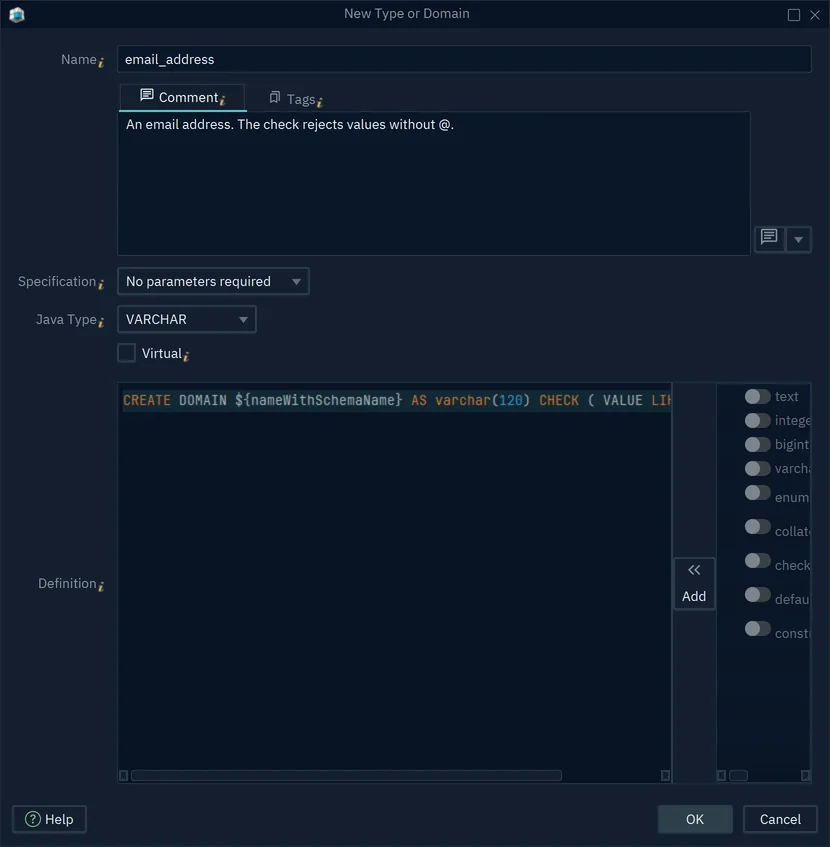 The New Type or Domain dialog for email_address, with the definition CREATE DOMAIN with a CHECK on VALUE