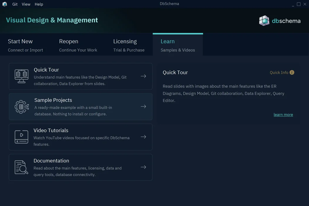 The Learn tab with Quick Tour, Sample Projects, Video Tutorials and Documentation