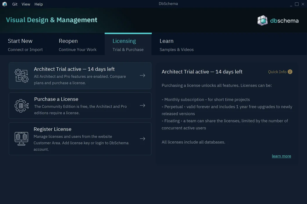 The Licensing tab showing Architect Trial active with 14 days left, Purchase a License and Register License