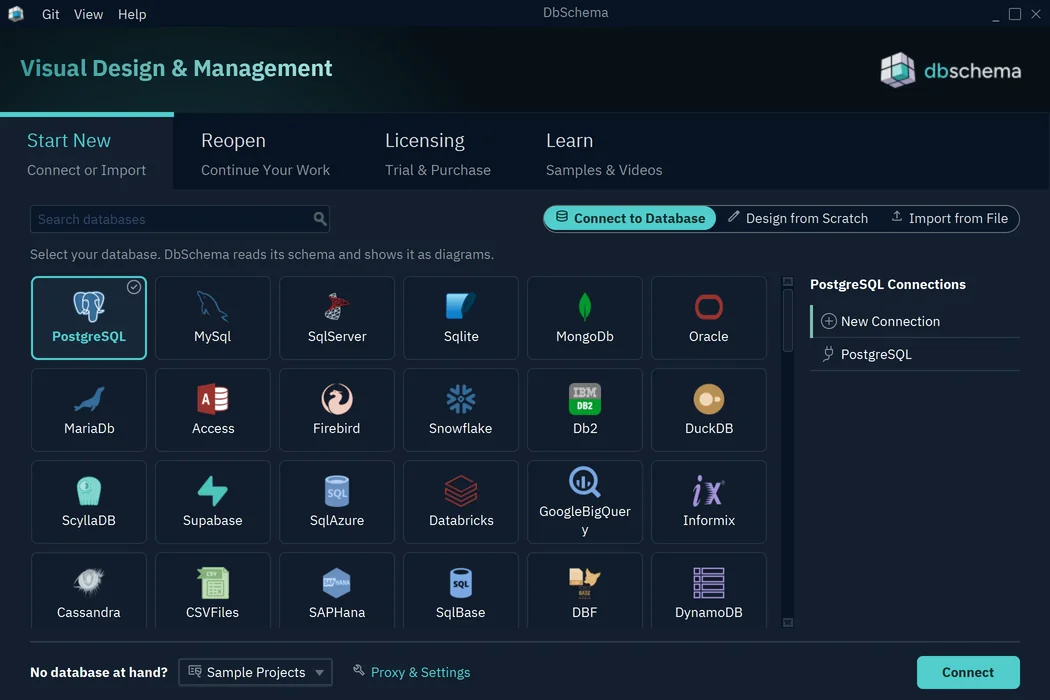 The Welcome Screen with the Start New tab open, Connect to Database selected and the PostgreSQL tile chosen