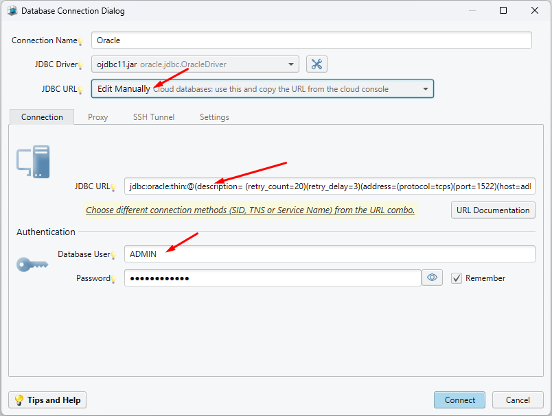 DbSchema Connection Dialog for Oracle Cloud Autonomous Database