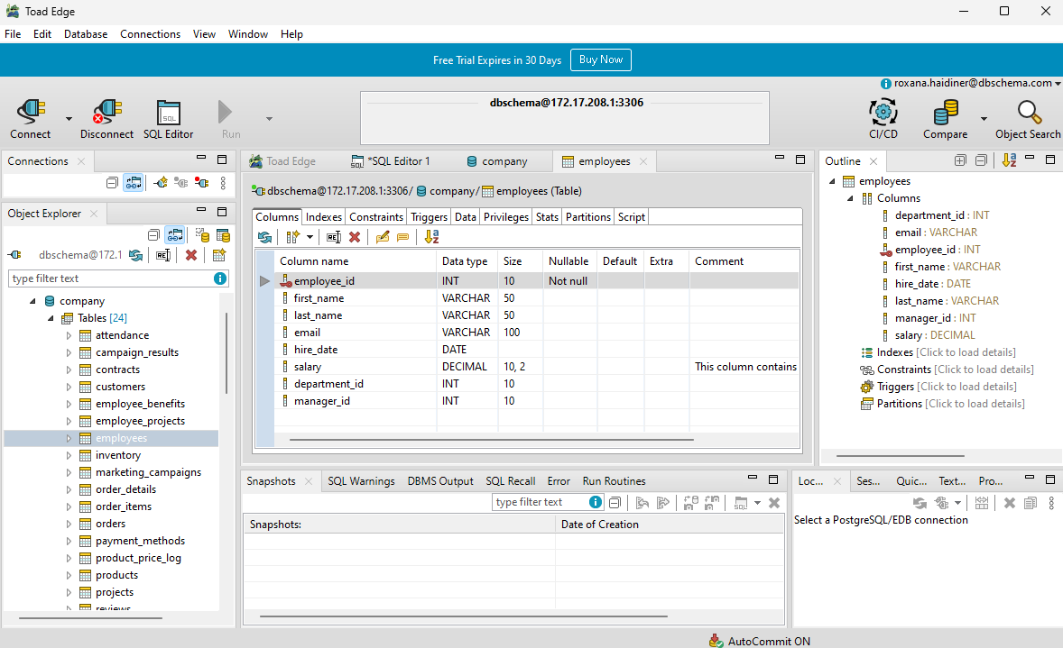 Toad Schema Modeling Interface