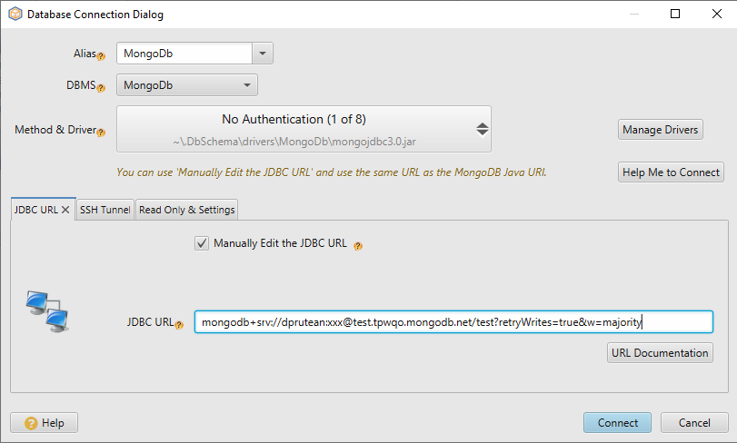 DbSchema Connection Dialog to MongoDb Atlas