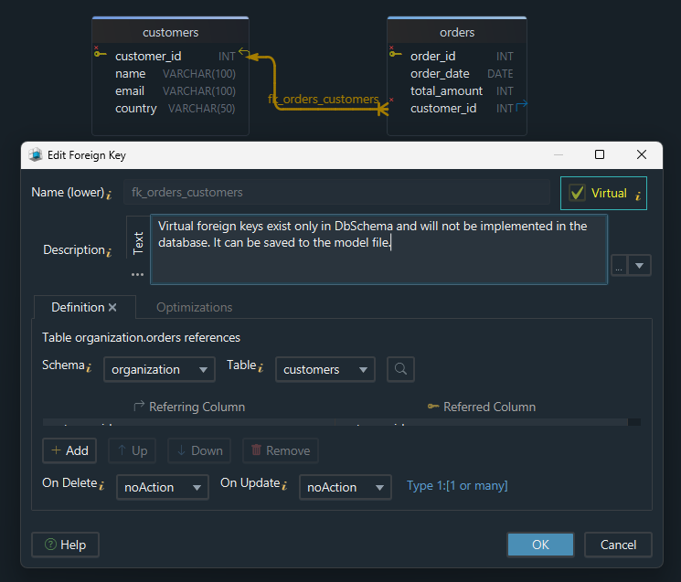 Create Virtual Foreign Key in Dbschema