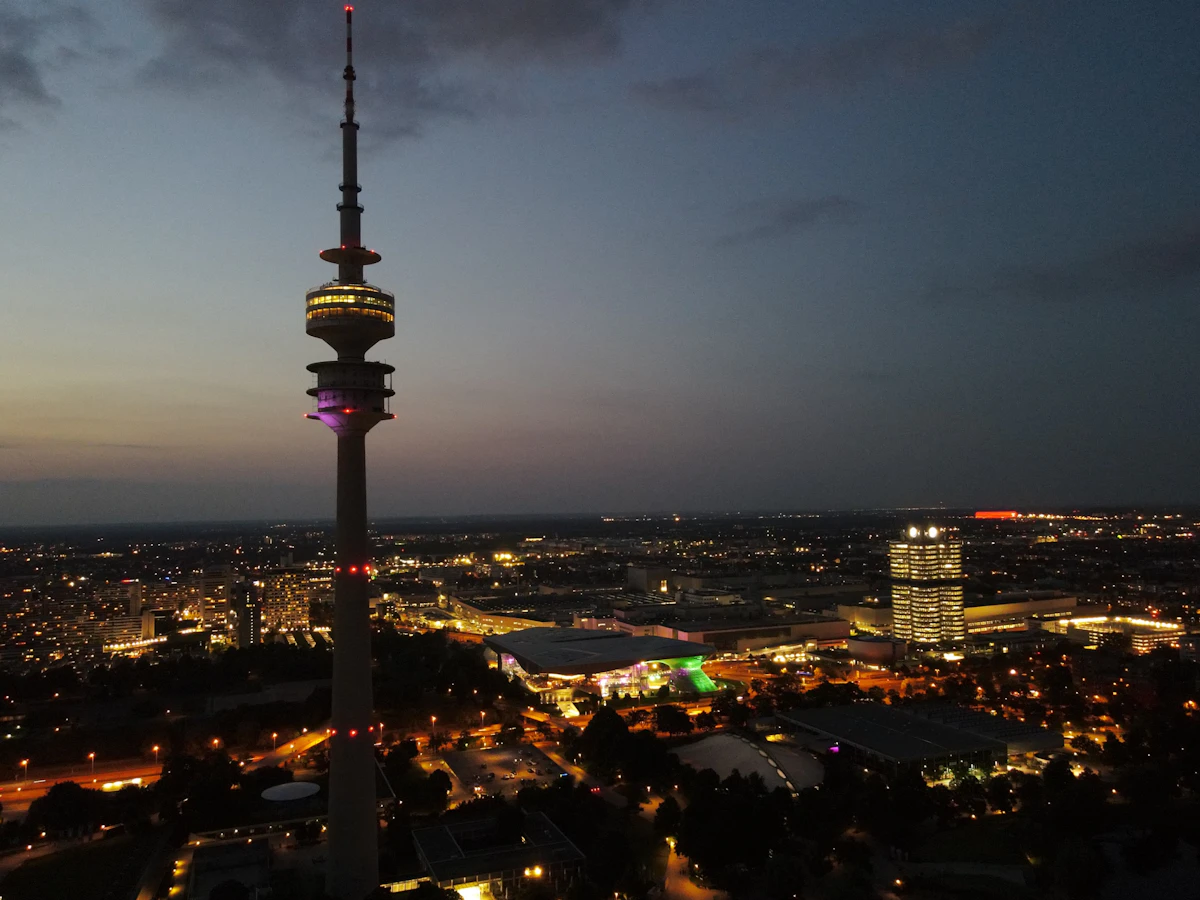 Munich at dusk, with the Olympic Tower