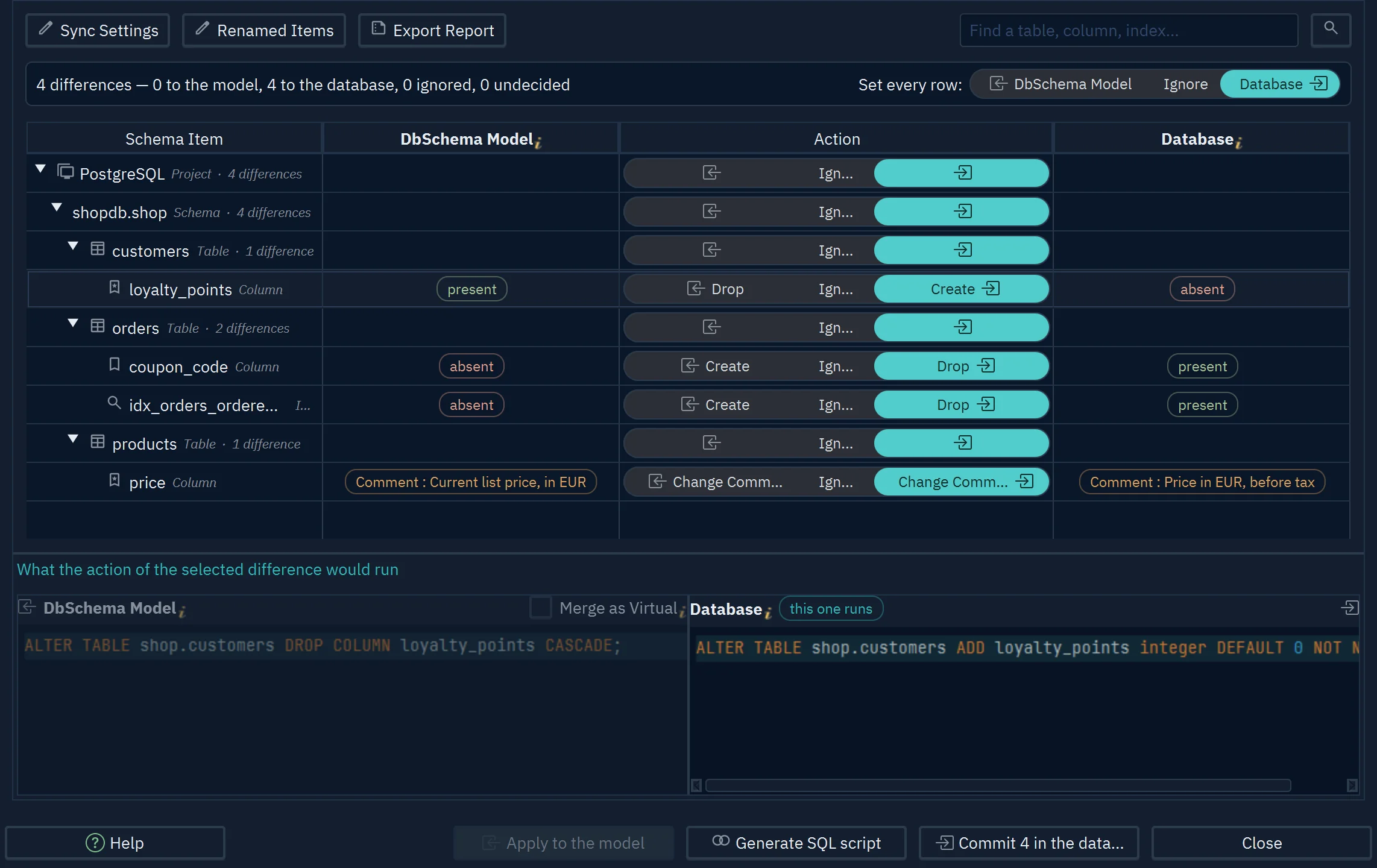 Compare and Synchronize the Design Model with the Database